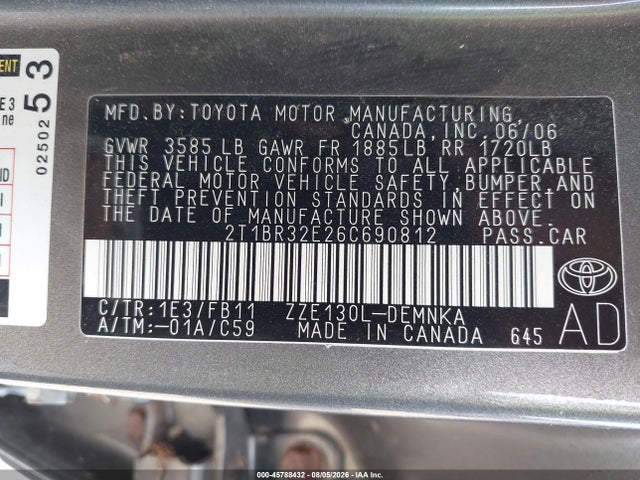 45788432 :رقم المزاد ، 2T1BR32E26C690812 vin ، 2006 Toyota Corolla Le مزاد بيع