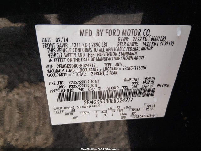 2014 Ford Flex Limited მანქანა იყიდება აუქციონზე, vin: 2FMGK5D80EBD24217, აუქციონის ნომერი: 45788453