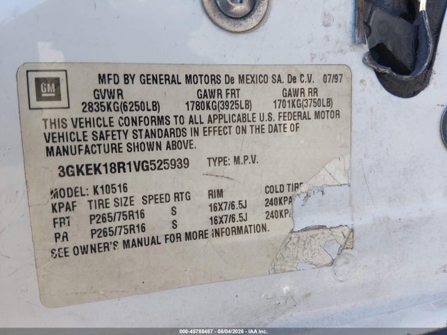1997 Gmc Yukon Sl მანქანა იყიდება აუქციონზე, vin: 3GKEK18R1VG525939, აუქციონის ნომერი: 45788457
