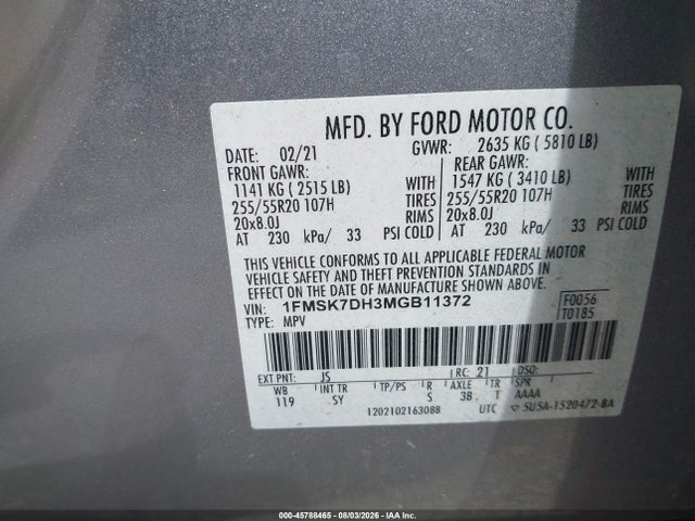 Aukcja sprzedaży 2021 Ford Explorer Xlt, vin: 1FMSK7DH3MGB11372, numer aukcji: 45788465
