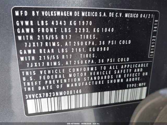 Aukcja sprzedaży 2022 Volkswagen Taos 1.5t S, vin: 3VVCX7B23NM008146, numer aukcji: 45788468