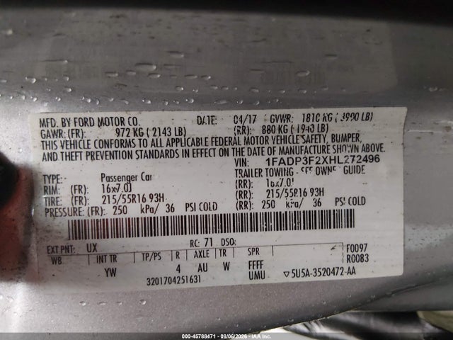 2017 Ford Focus Se მანქანა იყიდება აუქციონზე, vin: 1FADP3F2XHL272496, აუქციონის ნომერი: 45788471