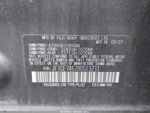 Продажа на аукционе авто 2008 Subaru Impreza Wrx, vin: JF1GE74678G513231, номер лота: 45788473