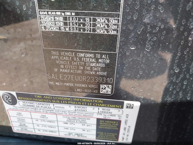 45788476 :رقم المزاد ، SALE27EU0R2339310 vin ، 2024 Land Rover Defender 110 P400 X-dynamic Se مزاد بيع