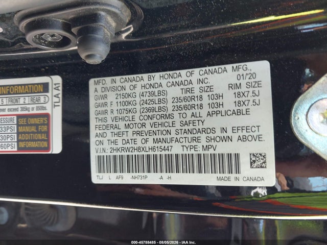 Продажа на аукционе авто 2020 Honda Cr-v Awd Ex-l, vin: 2HKRW2H8XLH615447, номер лота: 45788485
