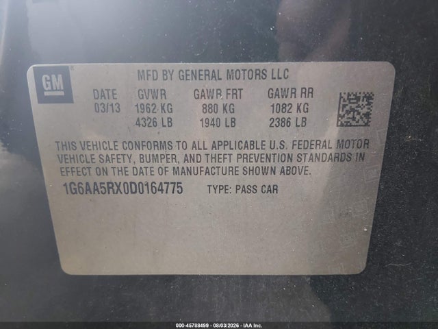 45788499 :رقم المزاد ، 1G6AA5RX0D0164775 vin ، 2013 Cadillac Ats Standard مزاد بيع