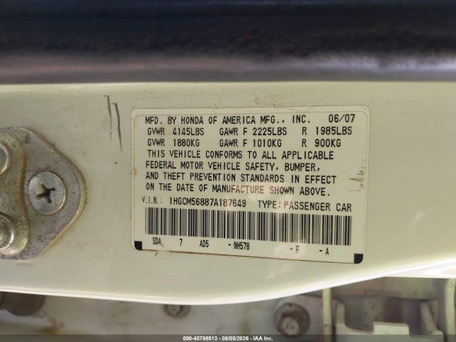 Aukcja sprzedaży 2007 Honda Accord 2.4 Ex, vin: 1HGCM56887A187649, numer aukcji: 45788513