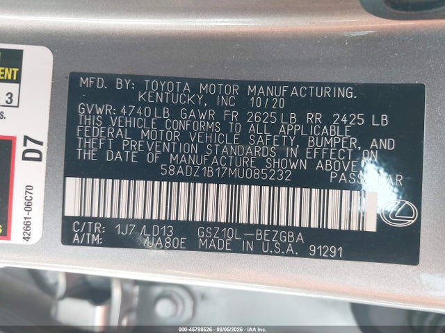 Продажа на аукционе авто 2021 Lexus Es 350, vin: 58ADZ1B17MU085232, номер лота: 45788526