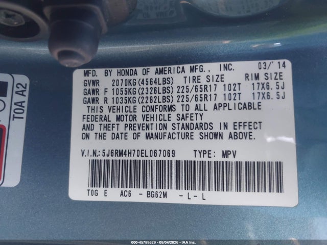 5J6RM4H70EL067069 Honda Cr-v Ex-l