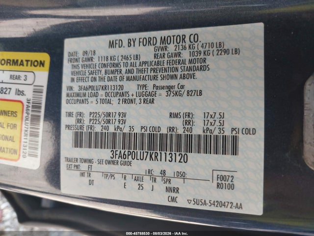 Продажа на аукционе авто 2019 Ford Fusion Hybrid Se, vin: 3FA6P0LU7KR113120, номер лота: 45788530
