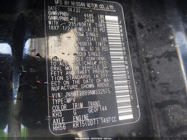 JN8BT3BB9NW332575 Nissan Rogue Sv Intelligent Awd