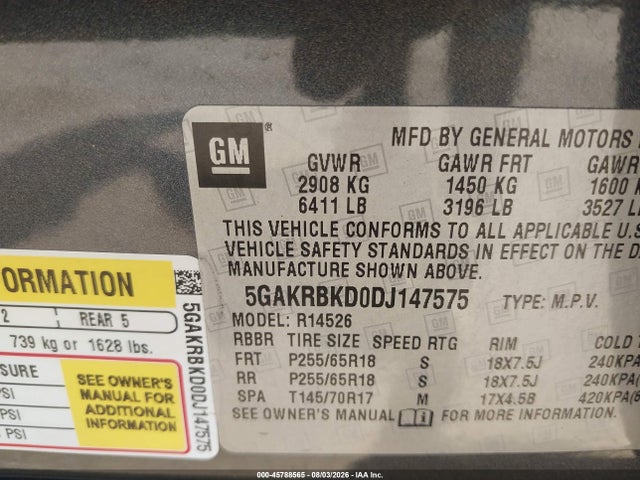 Aukcja sprzedaży 2013 Buick Enclave Convenience, vin: 5GAKRBKD0DJ147575, numer aukcji: 45788565