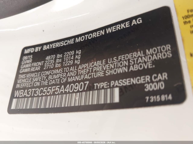 45788566 :رقم المزاد ، WBA3T3C55F5A40907 vin ، 2015 Bmw 435i مزاد بيع
