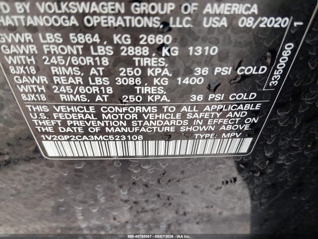 Aukcja sprzedaży 2021 Volkswagen Atlas 2.0t S, vin: 1V2GP2CA3MC523106, numer aukcji: 45788567