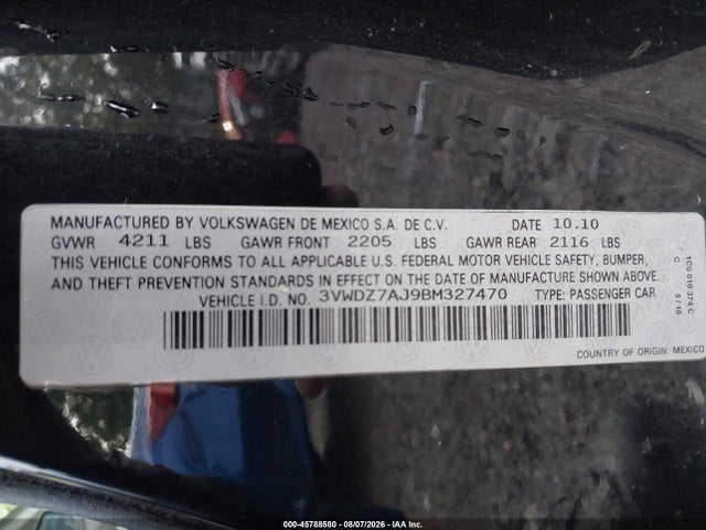 2011 Volkswagen Jetta 2.5l Se მანქანა იყიდება აუქციონზე, vin: 3VWDZ7AJ9BM327470, აუქციონის ნომერი: 45788580