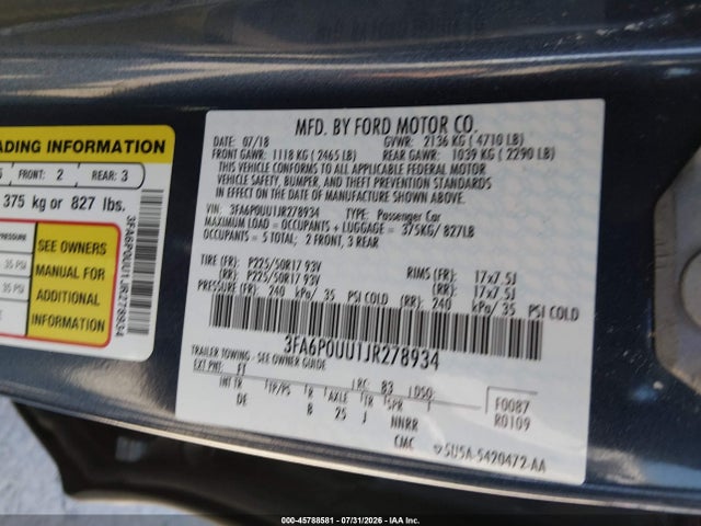 3FA6P0UU1JR278934 Ford Fusion Hybrid S