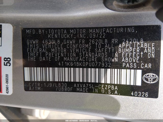 Продажа на аукционе авто 2023 Toyota Camry Xse Awd, vin: 4T1K61BK0PU077932, номер лота: 45788588