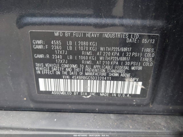 45788593 :رقم المزاد ، 4S4BRBGC5D3320411 vin ، 2013 Subaru Outback 2.5i Premium مزاد بيع