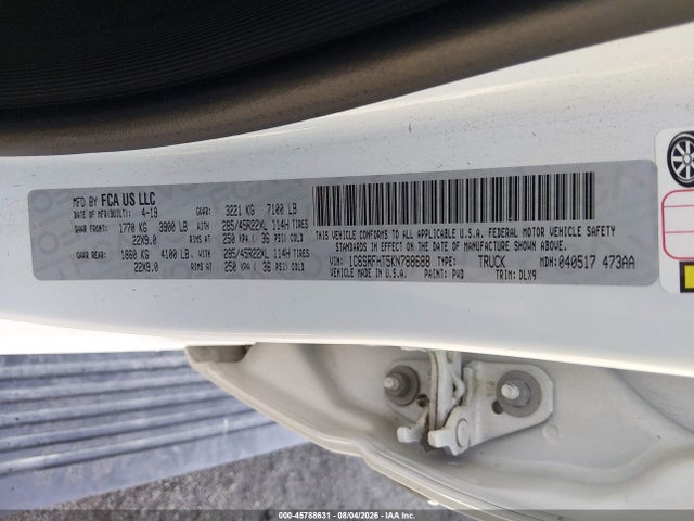 2019 Ram 1500 Limited  4x4 5'7 Box მანქანა იყიდება აუქციონზე, vin: 1C6SRFHT5KN788688, აუქციონის ნომერი: 45788631