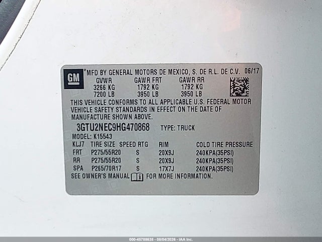 Aukcja sprzedaży 2017 Gmc Sierra 1500 Slt, vin: 3GTU2NEC9HG470868, numer aukcji: 45788638