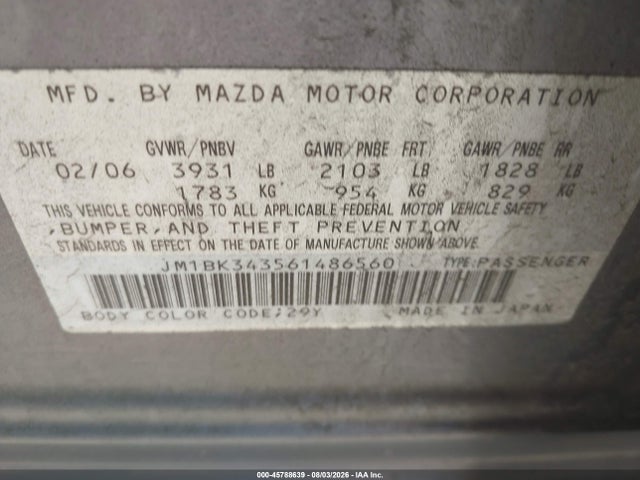 Продаж на аукціоні авто 2006 Mazda Mazda3 S Touring, vin: JM1BK343561486560, номер лоту: 45788639