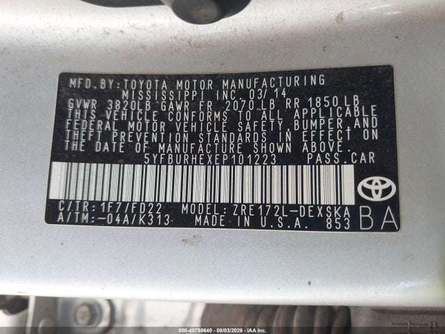 Продажа на аукционе авто 2014 Toyota Corolla S Plus, vin: 5YFBURHEXEP101223, номер лота: 45788640