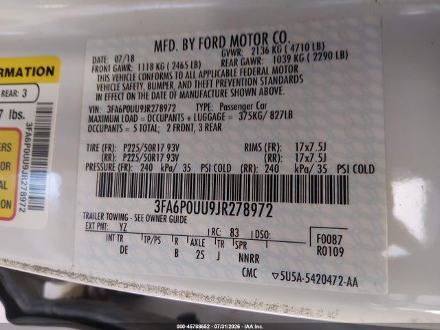 3FA6P0UU9JR278972 Ford Fusion Hybrid S