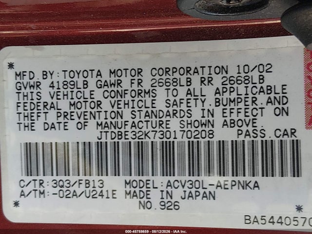 Aukcja sprzedaży 2003 Toyota Camry Le, vin: JTDBE32K730170208, numer aukcji: 45788659