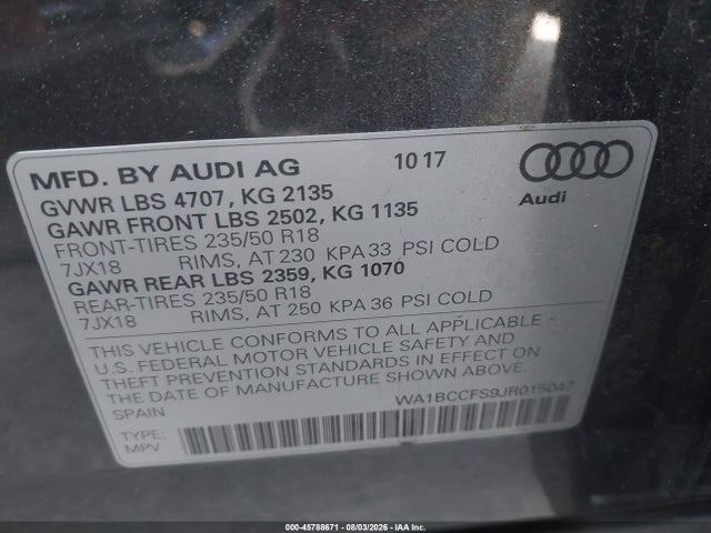 Aukcja sprzedaży 2018 Audi Q3 2.0t Premium/2.0t Sport Premium, vin: WA1BCCFS9JR015047, numer aukcji: 45788671