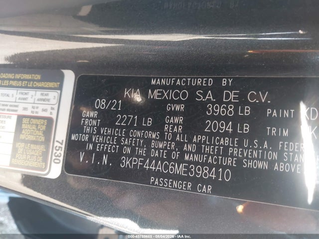 45788685 :رقم المزاد ، 3KPF44AC6ME398410 vin ، 2021 Kia Forte Gt مزاد بيع