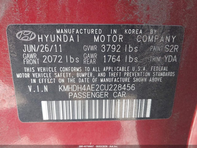 Aukcja sprzedaży 2012 Hyundai Elantra Gls (ulsan Plant), vin: KMHDH4AE2CU228456, numer aukcji: 45788687