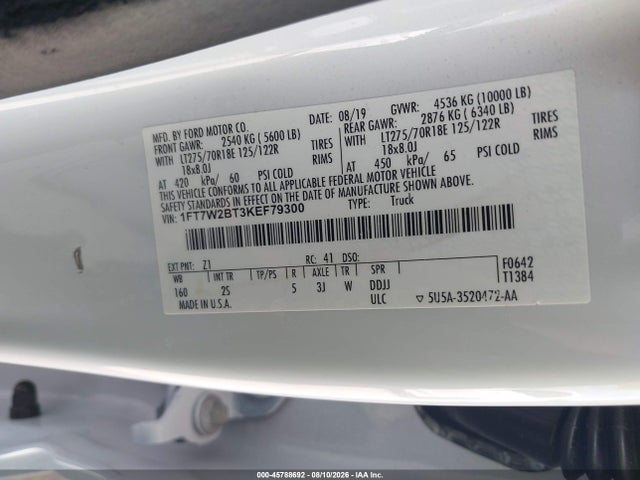 45788692 :رقم المزاد ، 1FT7W2BT3KEF79300 vin ، 2019 Ford F-250 Xlt مزاد بيع