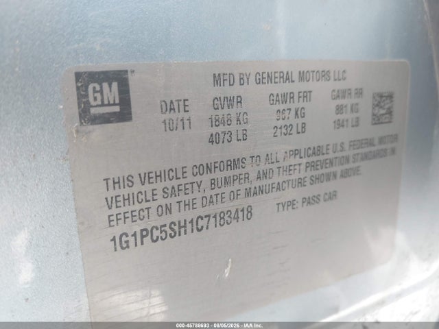 2012 Chevrolet Cruze Ls მანქანა იყიდება აუქციონზე, vin: 1G1PC5SH1C7183418, აუქციონის ნომერი: 45788693
