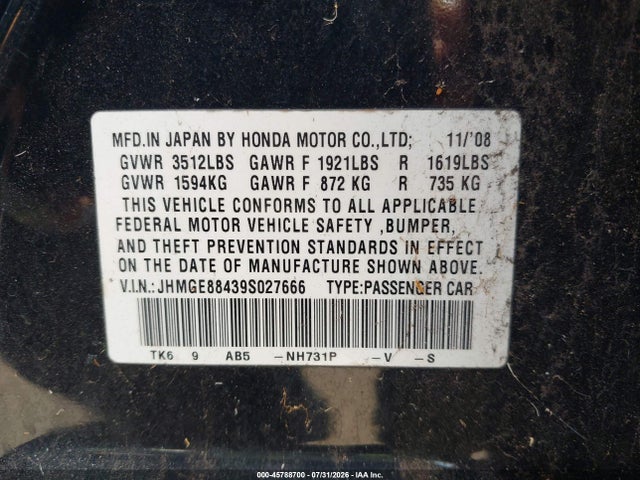 Продажа на аукционе авто 2009 Honda Fit Sport, vin: JHMGE88439S027666, номер лота: 45788700