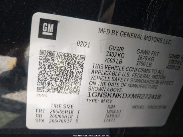 Продажа на аукционе авто 2021 Chevrolet Tahoe 4wd Lt, vin: 1GNSKNKDXMR272418, номер лота: 45788726