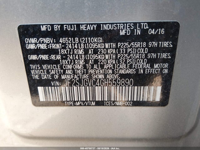 Aukcja sprzedaży 2016 Subaru Forester 2.0xt Touring, vin: JF2SJGVC4GH559890, numer aukcji: 45788727