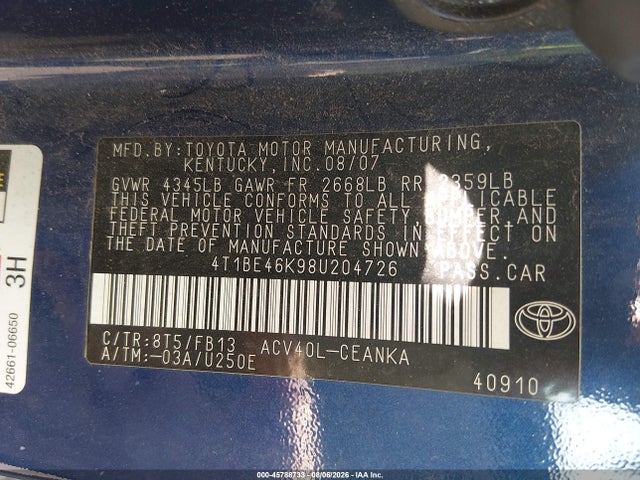 Продажа на аукционе авто 2008 Toyota Camry Le, vin: 4T1BE46K98U204726, номер лота: 45788733