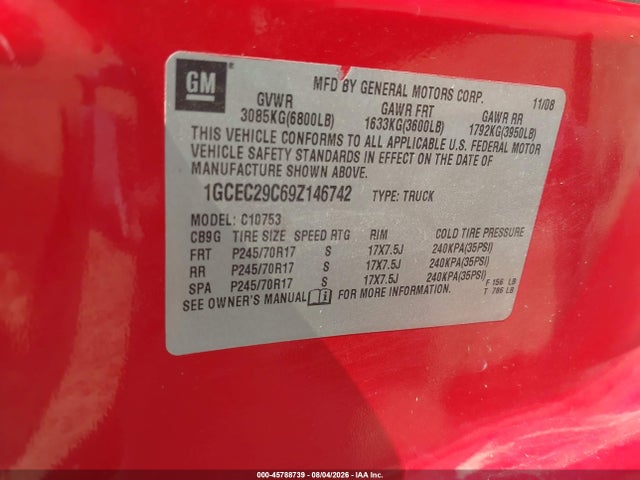 Aukcja sprzedaży 2009 Chevrolet Silverado 1500 Lt, vin: 1GCEC29C69Z146742, numer aukcji: 45788739