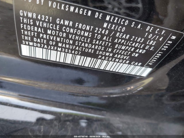 45788740 :رقم المزاد ، 3VWD07AJXFM355407 vin ، 2015 Volkswagen Jetta 1.8t Se مزاد بيع