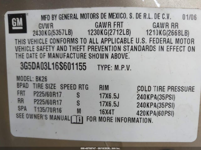 2006 Buick Rendezvous Cx მანქანა იყიდება აუქციონზე, vin: 3G5DA03L16S601155, აუქციონის ნომერი: 45788747