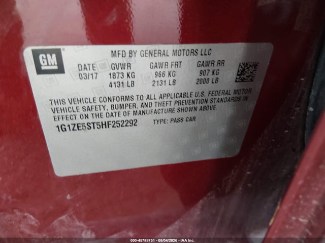 Auction sale of the 2017 Chevrolet Malibu 1lt, vin: 1G1ZE5ST5HF252292, lot number: 45788751