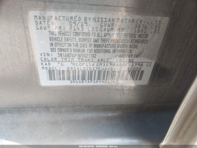 2019 Nissan Sentra Sv მანქანა იყიდება აუქციონზე, vin: 3N1AB7AP1KY421742, აუქციონის ნომერი: 45788760