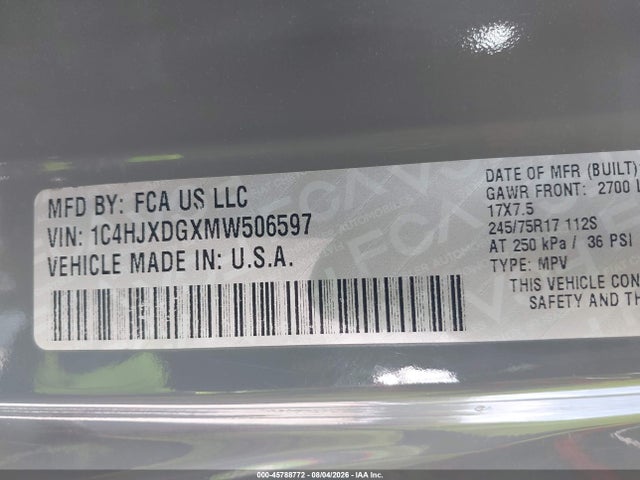 Продажа на аукционе авто 2021 Jeep Wrangler Unlimited Sport S 4x4, vin: 1C4HJXDGXMW506597, номер лота: 45788772