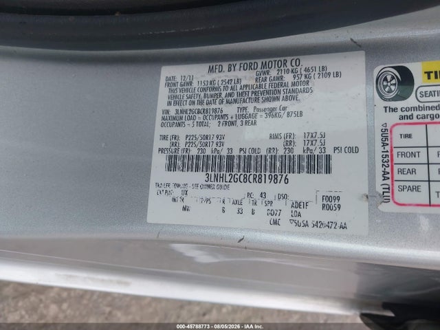 Aukcja sprzedaży 2012 Lincoln Mkz, vin: 3LNHL2GC8CR819876, numer aukcji: 45788773