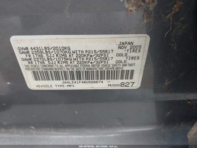 2006 Mitsubishi Outlander Se მანქანა იყიდება აუქციონზე, vin: JA4LZ41F46U026674, აუქციონის ნომერი: 45788790