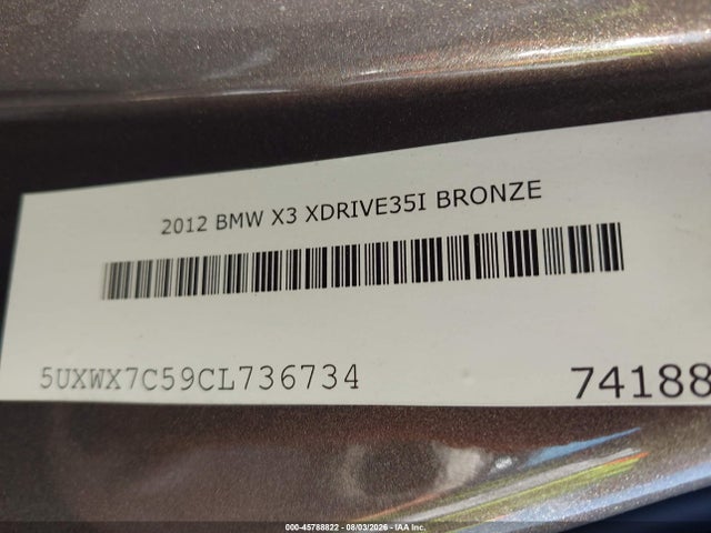 Продажа на аукционе авто 2012 Bmw X3 Xdrive35i, vin: 5UXWX7C59CL736734, номер лота: 45788822