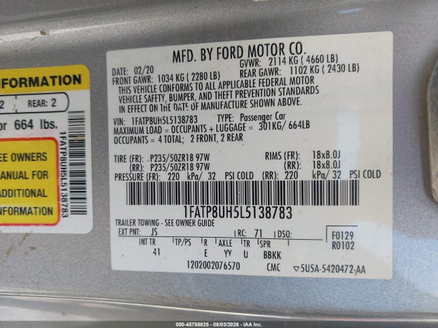 Продажа на аукционе авто 2020 Ford Mustang Ecoboost Premium, vin: 1FATP8UH5L5138783, номер лота: 45788825