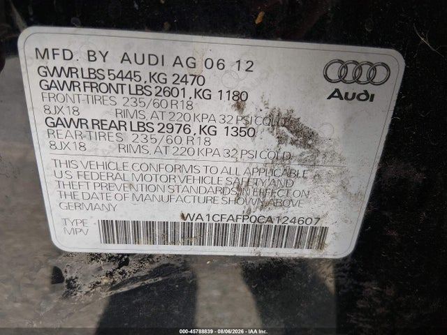 Aukcja sprzedaży 2012 Audi Q5 2.0t Premium, vin: WA1CFAFP0CA124607, numer aukcji: 45788839