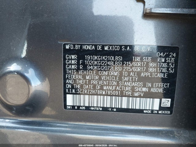 Aukcja sprzedaży 2024 Honda Hr-v Awd Ex-l/awd Ex-l W/o Bsi, vin: 3CZRZ2H78RM785091, numer aukcji: 45788845