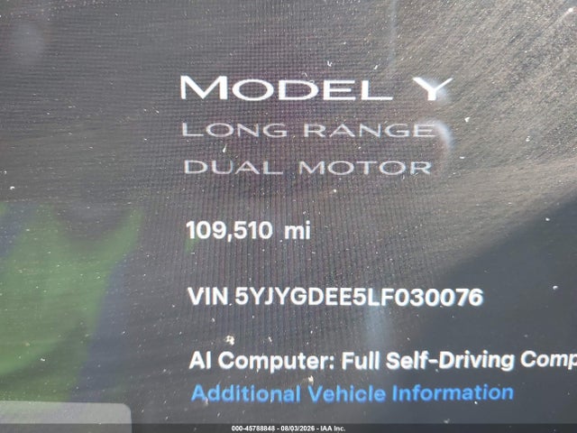 Продажа на аукционе авто 2020 Tesla Model Y Long Range Dual Motor All-wheel Drive, vin: 5YJYGDEE5LF030076, номер лота: 45788848